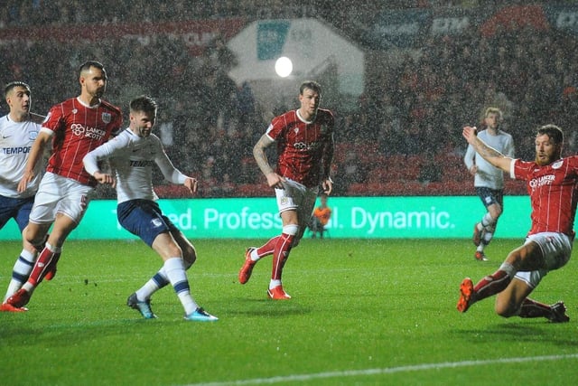 Paul Gallagher shoots PNE ahead against Bristol City to make it 1-0.