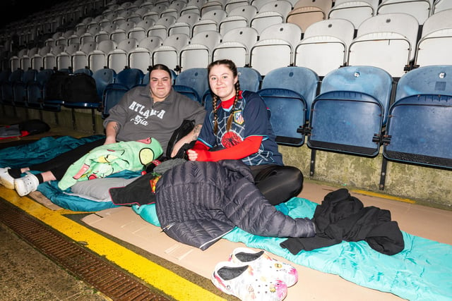 Friends Nicole Eastaugh and Evie Whiteside ready for a long night at Deepdale for the Big PNE Sleep Out. Photo: Kelvin Lister-Stuttard