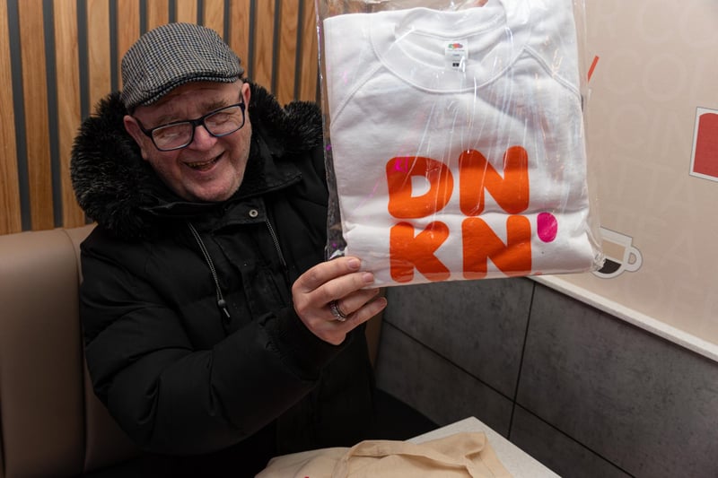 Customer Paul Smith with his hoodie at the opening of Dunkin Donuts at the Capitol Centre, Preston. Photo: Kelvin Stuttard