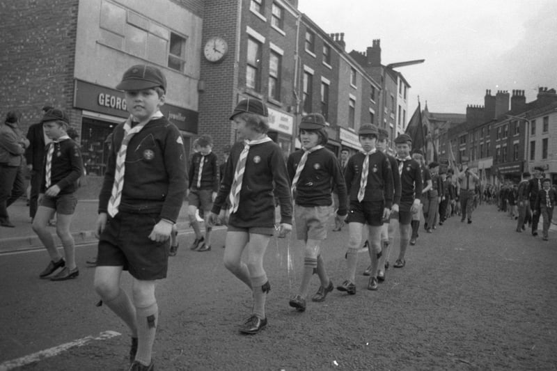 Hundreds of scouts and cubs rallied to the bugle call in Preston town centre for the annual St George's Day parade and service. Colouful green and yellow flags along with Union Jacks provded a bright relief under menacing skies as the parade of 1,100 made its way from the Covered Market along Lancaster Road and Fishergate to the Public Hall for an inter-denominational service