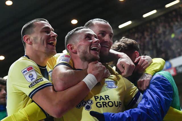 Preston North End's Alan Browne is congratulated on scoring his team’s first goal in the derby