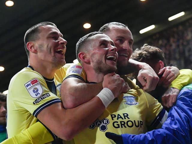 Preston North End's Alan Browne is congratulated on scoring his team’s first goal in the derby