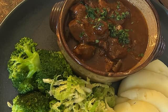 Beef bourguignon with fresh green veg, priced at £16.00.