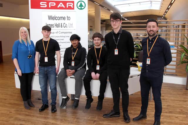 (Left to right), James Hall & Co. Ltd HR Director Lee Smith, with the four T Level students Ben Lintern, Hamza Usmani, Cameron Jackson, and Patrick Flanagan from Cardinal Newman College, and Recruitment Manager Paul Armson (right). Image: Camera-Shy