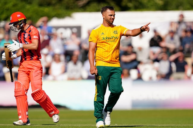 Notts Outlaws' Dane Paterson celebrates taking the wicket of Lancashire's Dane Vilas