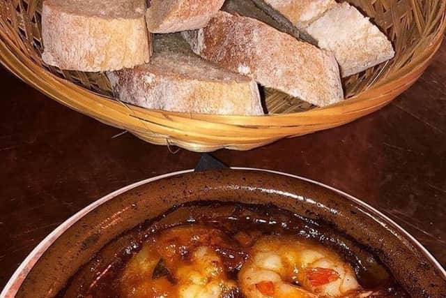 King prawns served in garlic and chilli oil with ciabatta.