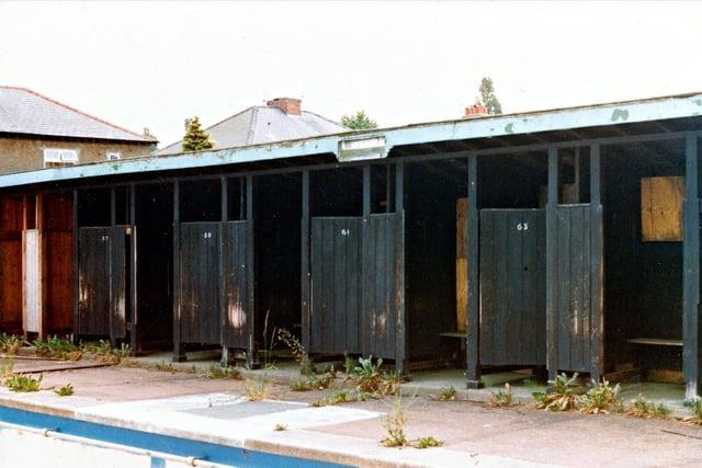 The south end changing cubicles at the baths on Haslam Park, pictured here in 1988 after the pool was closed. Image kindly provided by Paul Swarbrick and Gillian Lawson of the Preston Historical Society