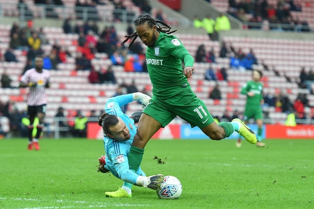 Sunderland's Lee Camp gets a hand to the ball stopping Preston's Daniel Johnson from scoring.