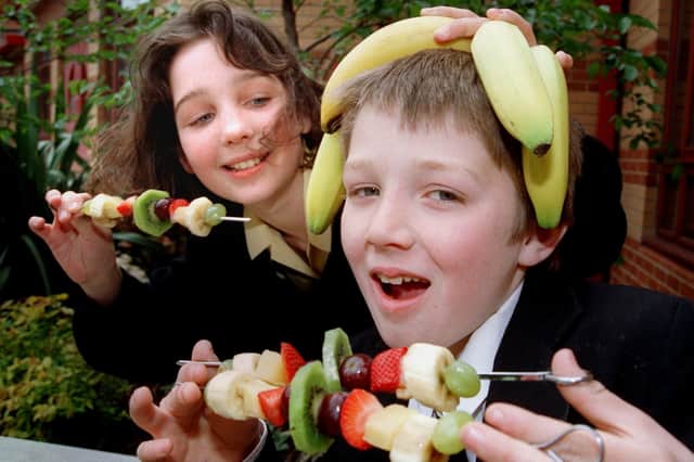 Healthy eating being promoted at Ashton High School back in 1998. Pictured are Kerry Bagnall and Derrick Brewer-Dalziel with some fruit kebabs
