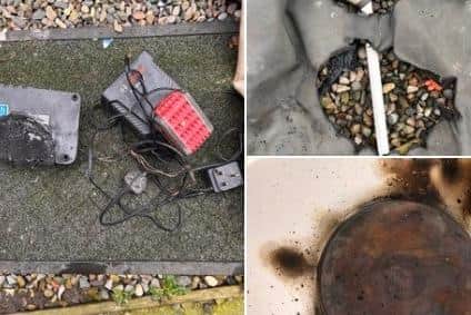 The damaged chargers, dust cloth and hob (Image: Lancashire Fire and Rescue Service).