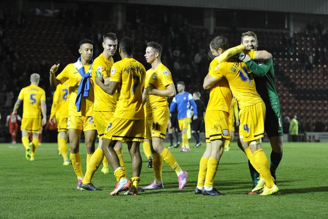 Preston North End players celebrate their 2-0 victory over Leyton Orient.