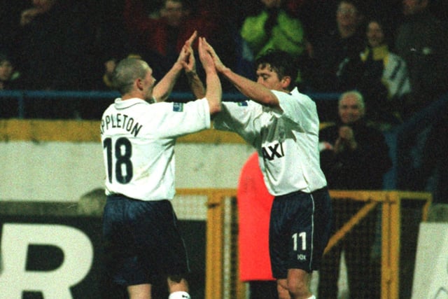 Michael Appleton and David Eyres celebrate PNE's third goal against Blackpool in December 1999