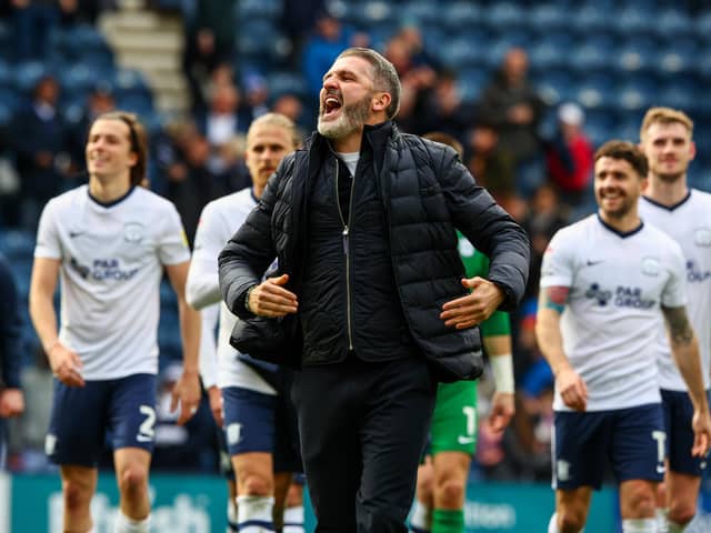 Preston North End manager Ryan Lowe celebrates with fans at the final whistle after the 2-1 win over Reading