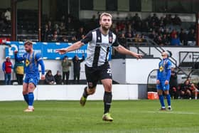 Connor Hall celebrates after scoring from the spot for Chorley (photo: Stefan Willoughby)