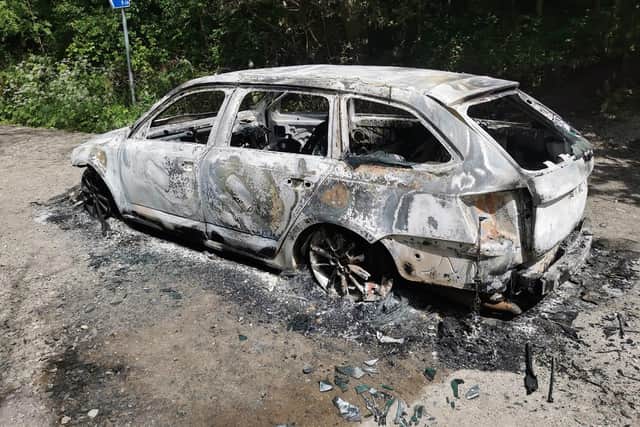 The above car, shown to be almost completely destoryed by fire, was found in this state on Monday, May 22. Image: Stewart Newman