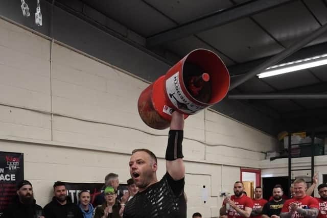 Josh Lancaster from Lancaster who set a new Strongman world record of 96.7 kilos in a single arm dumbbell press on his first attempt over the weekend in Preston