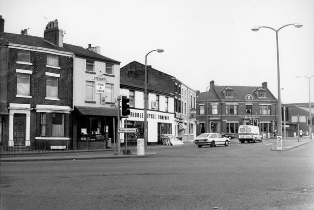 In this image you can see the old Ribble Cycle Company shop on Water Lane. It was around this time that the business changed hands. The shop first opened in this location all the way back in 1897. Sitting alongside the bicycle store is the infamous Umberto's Fish and Chip shop - serving generations of Preston folk a chippy tea for many years
