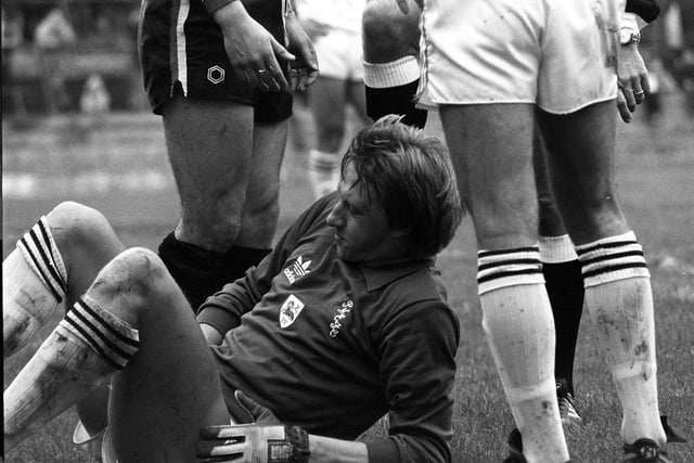 1981 Sport: Bristol City v Preston North End, Goalkeeper Peter Lichfield is down injured