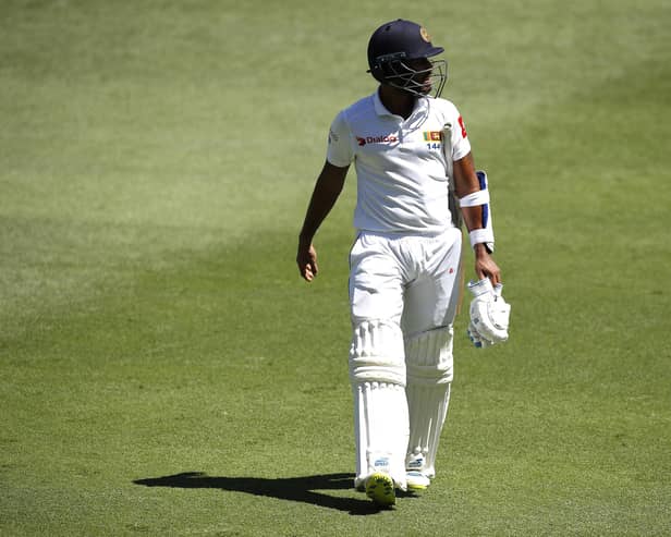 BRISBANE, AUSTRALIA - JANUARY 26: Roshen Silva of Sri Lanka looks dejected after being dismissed by Pat Cummins of Australia during day three of the First Test match between Australia and Sri Lanka at The Gabba on January 26, 2019 in Brisbane, Australia. (Photo by Ryan Pierse/Getty Images)
