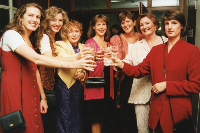 Back together... Helen and Susan Whiteside, Jane Wells, Ruth Fraser, Cerie Evans, Christine Barton, and Janet Cartledge at a 20th anniversary reunion of All Hallows RC High School, held at the Guild Hall in Preston in 1995