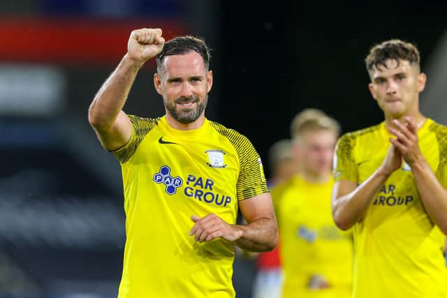 Greg Cunningham celebrates PNE's win over Huddersfield in the Carabao Cup.