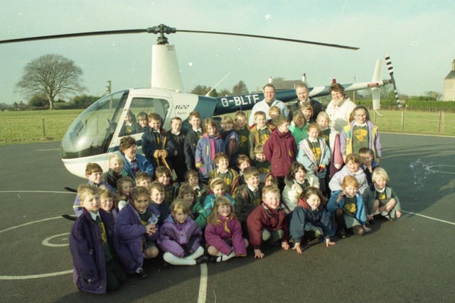 Children at a Lancashire school are boldy going where no other school has gone before. Wide-eyed pupils at Inskip Primary School, Inskip, near Preston, watched in amazement as a helicopter circled their school and landed in the playground as part of a project on search and rescue