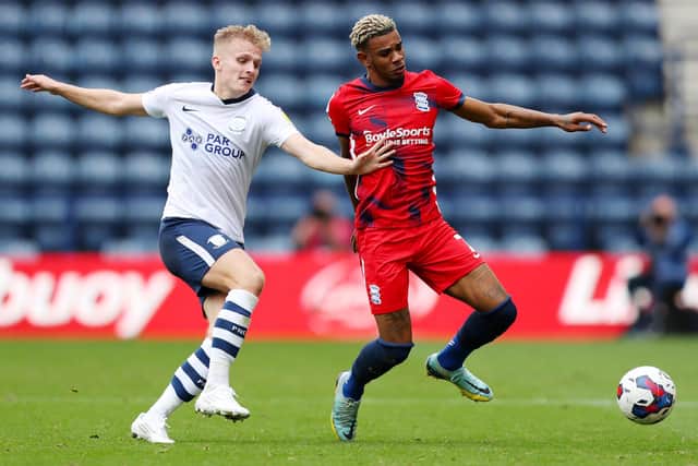 PRESTON, ENGLAND - SEPTEMBER 03: Juninho Bacuna of Birmingham City is challenged by Ali McCann of Preston North End during the Sky Bet Championship between Preston North End and Birmingham City at Deepdale on September 03, 2022 in Preston, England. (Photo by Charlotte Tattersall/Getty Images)