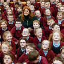 The Duchess of York pictured with pupils at Burnley's Holy Trinity Primary School in Burnley during her visit to the town today