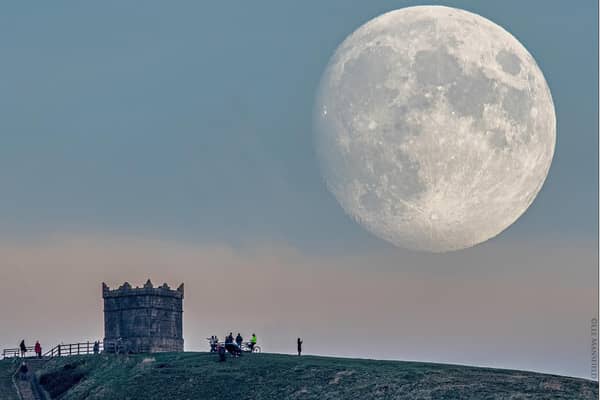 A full Beaver Moon rising over Rivington Pike (Photo taken by Lee Mansfield)