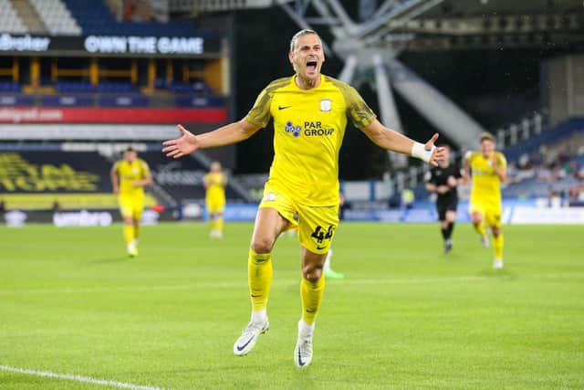 Brad Potts celebrates scoring his side's fourth goal.