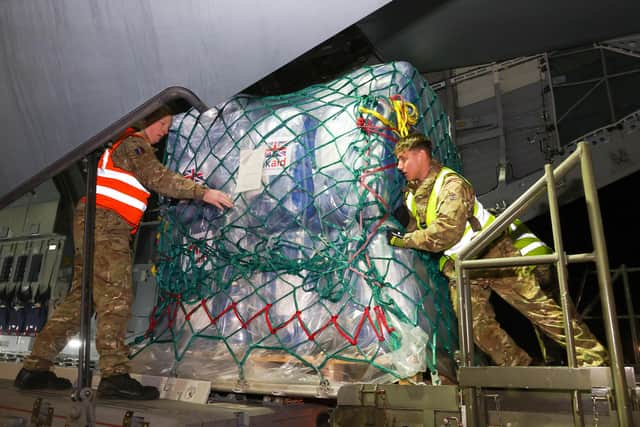 Ministry of Defence (MOD) of UK Humanitarian Aid being loaded onto a Royal Air Force A400M Atlas aircraft at RAF Brize Norton ahead of being transported to Turkey in support of the earthquake in Turkey and Syria.
