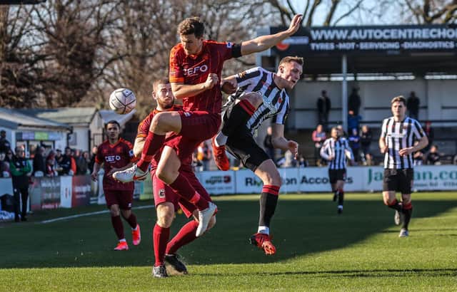 Jacob Blyth competes for the ball against Blyth Spartans (photo:Stefan Willoughby)
