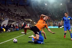 Republic of Ireland's Alan Browne is tackled during the UEFA Nations League match against Ukraine in Lodz, Poland