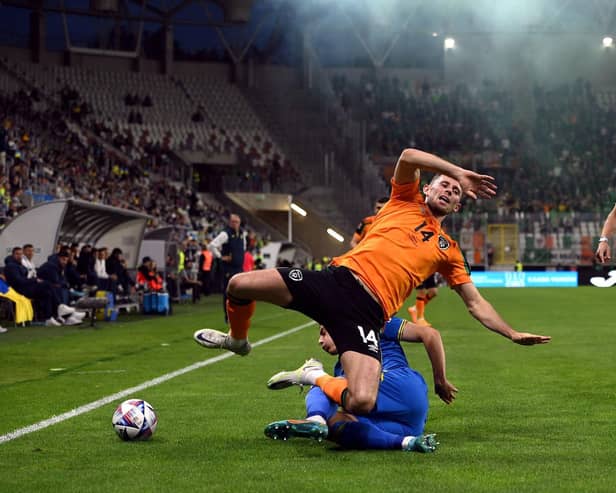 Republic of Ireland's Alan Browne is tackled during the UEFA Nations League match against Ukraine in Lodz, Poland