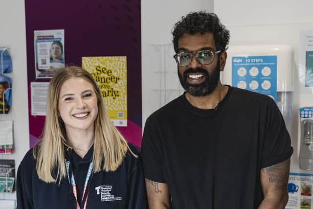 Teenage Cancer Trust Youth Support Worker, Faye Hindmarsh, with Romesh Ranganathan