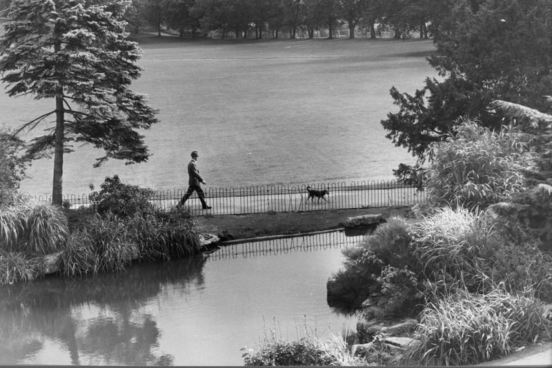 Taking a stroll with the dog past flood waters on Avenham Park in 1988