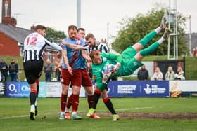 Chorley strikers Jacob Blyth (left) and Connor Hall put the Gateshead goalkeeper under pressure (photo: Stefan Willoughby)