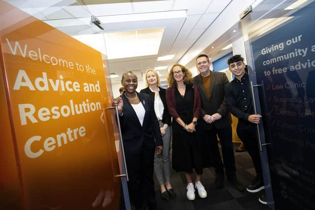 The official opening of the UCLan ARC (L-R) Law Society of England and Wales president I. Stephanie Boyce, ARC Director and senior law lecturer Lucy Blackburn, Executive Dean of the Faculty of Business and Justice Jane Anthony, as well as 2nd year law student Alexander John Corbett and 3rd year law student Dean Thompson, co- student presidents of the UCLan School of Justice.