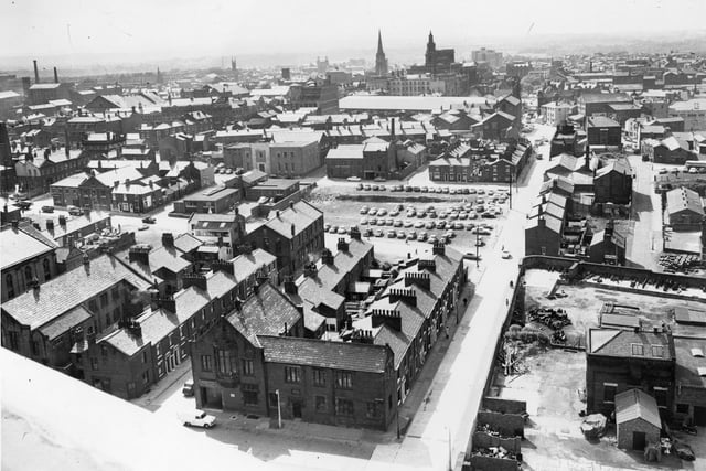 This image was taken when Moor Lane flats were built - in 1962 - and is a rare view from the roof of the flats looking toward the Avenham flats. In the distance can be seen the Parish Church in Church Street and next to it is the Sessions House. In the centre of the picture is the Masonic Hall and Saul Street Baths
