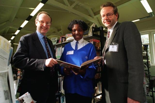 John Guinness, chairman of British Nuclear Fuels, and Peter Wilson of British Aerospace, meet pupil Felina Merrifield at Moor Park High School in Preston all the way back in 1996 Photo: Lorne Campbell