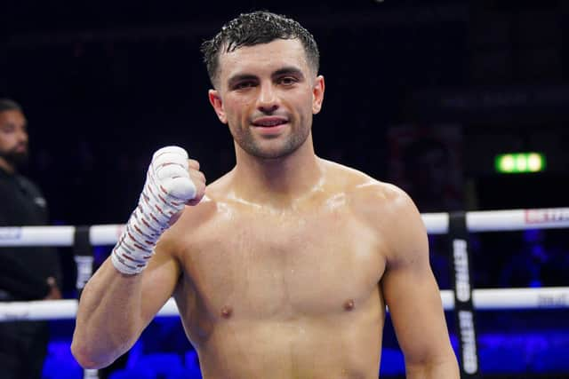 Jack Catterall celebrates after winning he Super Lightweight bout against Jorge Linares at the M&S Bank Arena, Liverpool.