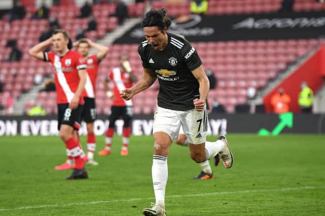 Edinson Cavani of Manchester United celebrates after scoring their sides second goal during the Premier League match between Southampton and Manchester United at St Mary's Stadium. (Pic: Getty Images)