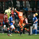 Barry Roche heads home his remarkable late equaliser against Portsmouth in 2016