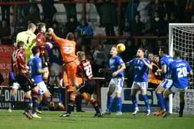 Barry Roche heads home his remarkable late equaliser against Portsmouth in 2016