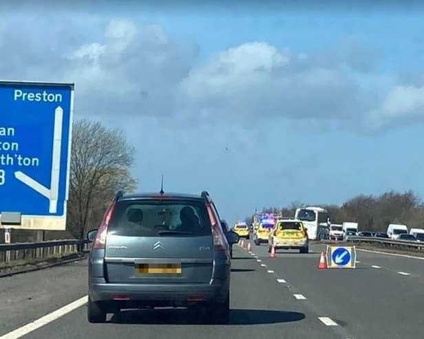 The coach crashed through the central reservation barrier on the M61 near Westhoughton. Picture: Submitted