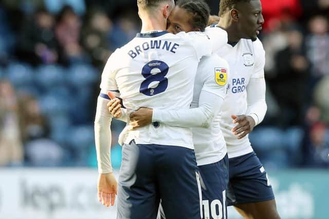 Preston North End's Daniel Johnson (No.10) celebrates with team-mate Alan Browne after scoring the equalising goal from the penalty spot to make the score 1-1

Photographer Rich Linley/CameraSport

The EFL Sky Bet Championship - Preston North End v Wigan Athletic - Saturday 25th February 2023 - Deepdale - Preston

World Copyright © 2023 CameraSport. All rights reserved. 43 Linden Ave. Countesthorpe. Leicester. England. LE8 5PG - Tel: +44 (0) 116 277 4147 - admin@camerasport.com - www.camerasport.com