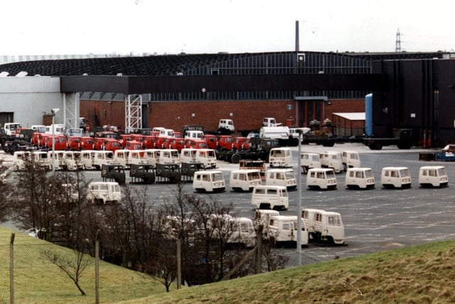 Empty shells of trucks lined up in the yard at Leyland DAF in 1996