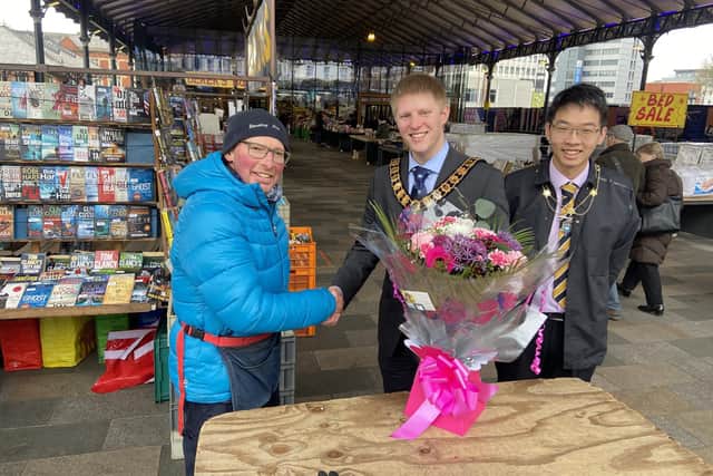Derek Walsh, 61, has held a stall on the Outdoor Market for more than four decades, but he has been a part of Preston Markets for much longer.  On 15 March, 2023, Derek was visited by the Mayor of Preston and Councillor Carol Henshaw who presented Derek with a wonderful bouquet of flowers, to thank him for his long service and hard work.