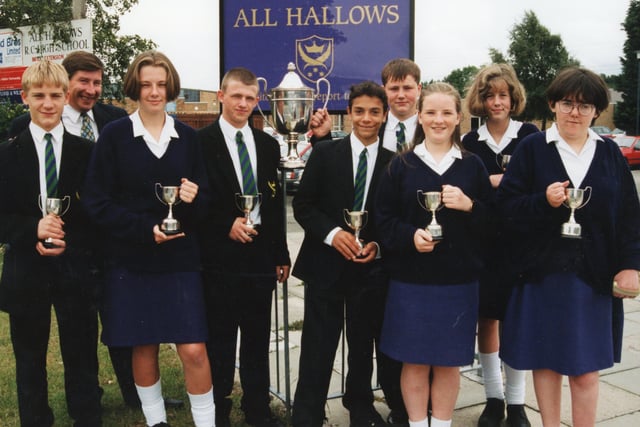 Mr Don Brewster of Sunlife of Canada (back left), with the most improved pupils in 1995 from All Hallows RC High School, Penwortham, which the firm has sponsored. From the left, David Cunningham, Rachael Stuart, Martin Hodgson, Lee Walmsley, Paul O'Malley, Joanne Hough, Amy Shannon, and Rachel Conboy