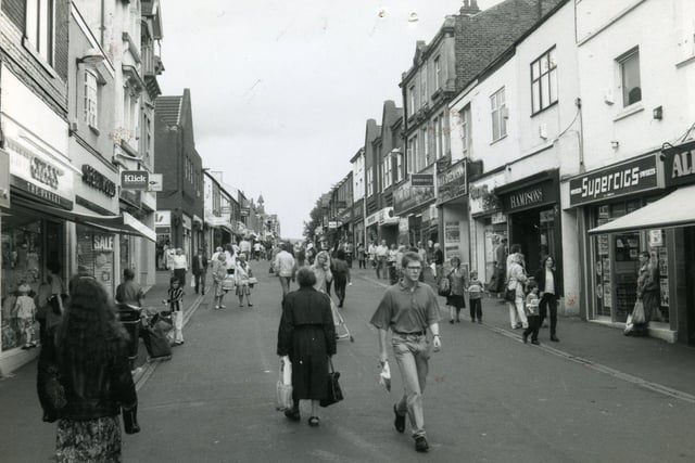 Chapel Street in Chorley in 1993 - Allen’s the butchers and Greggs are in the street.